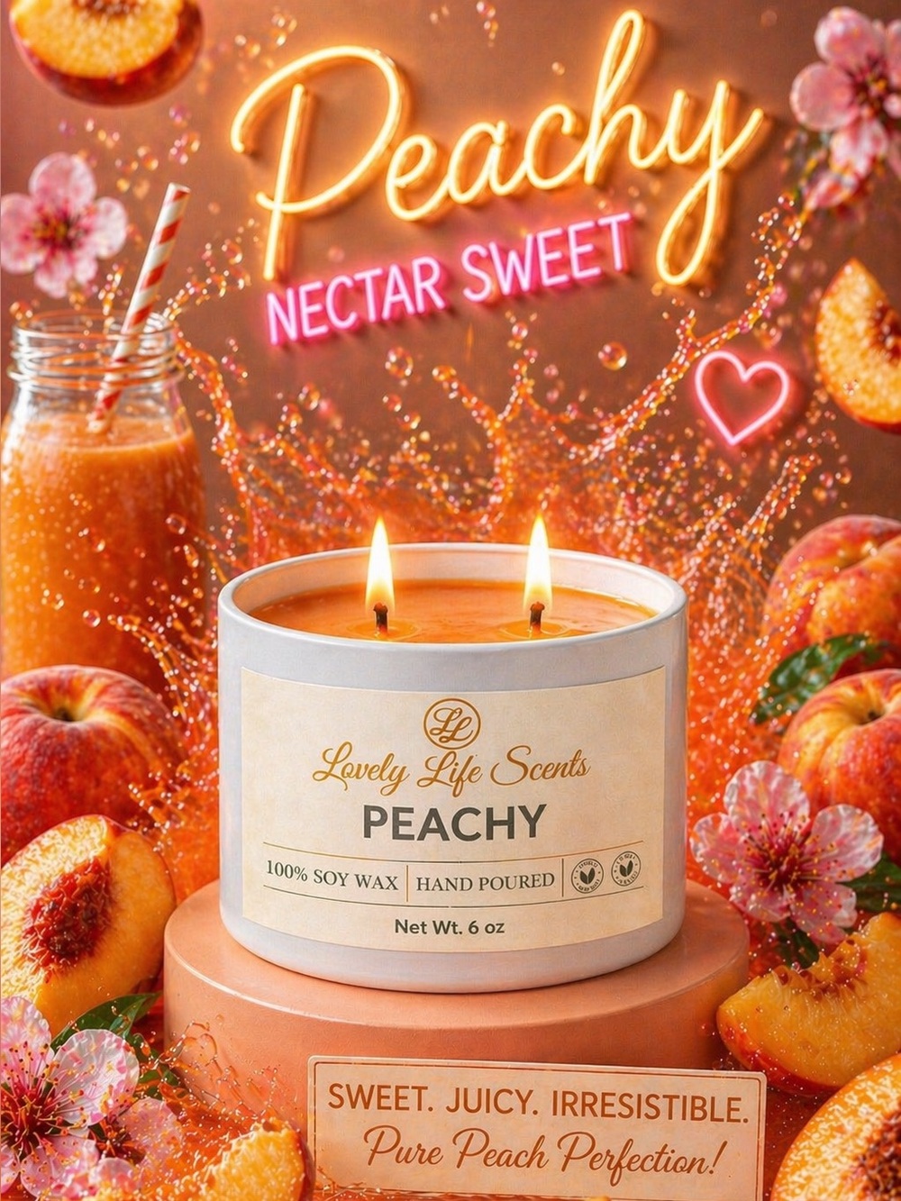 Peachy Double Wick 6oz Premium Soy Wax Candle - a Sweet Peach Nectar Aroma